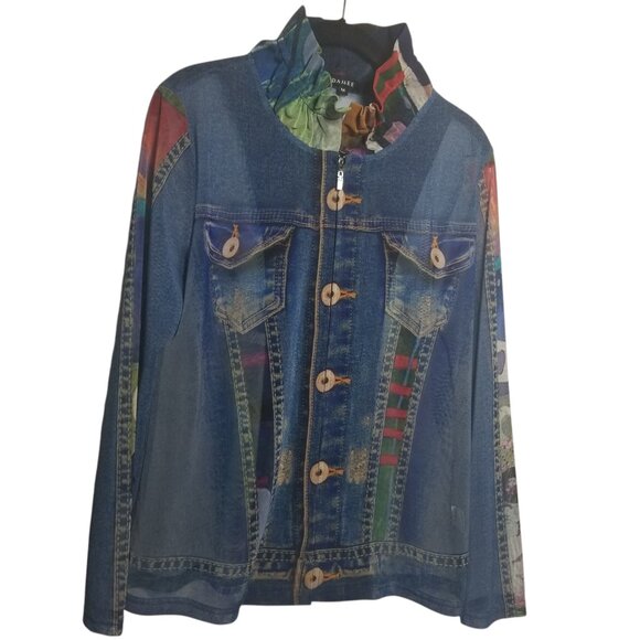Damee Women's Mock Denim Print Mesh Sheer Jacket w/ Shell Twin Set Sz M - Picture 2 of 6